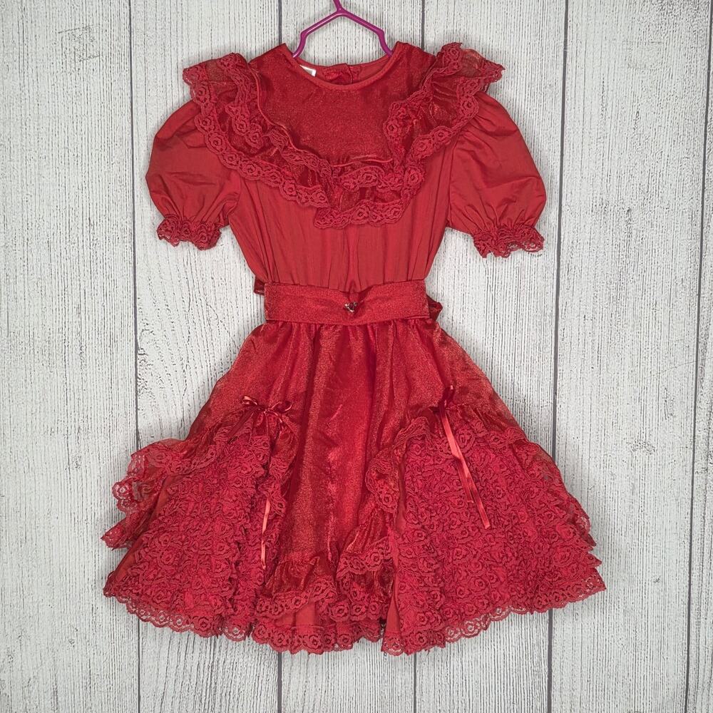 Vintage HoneyBee Fashions Red Pageant Western Dress Crinoline Ruffles Lace, sz 7